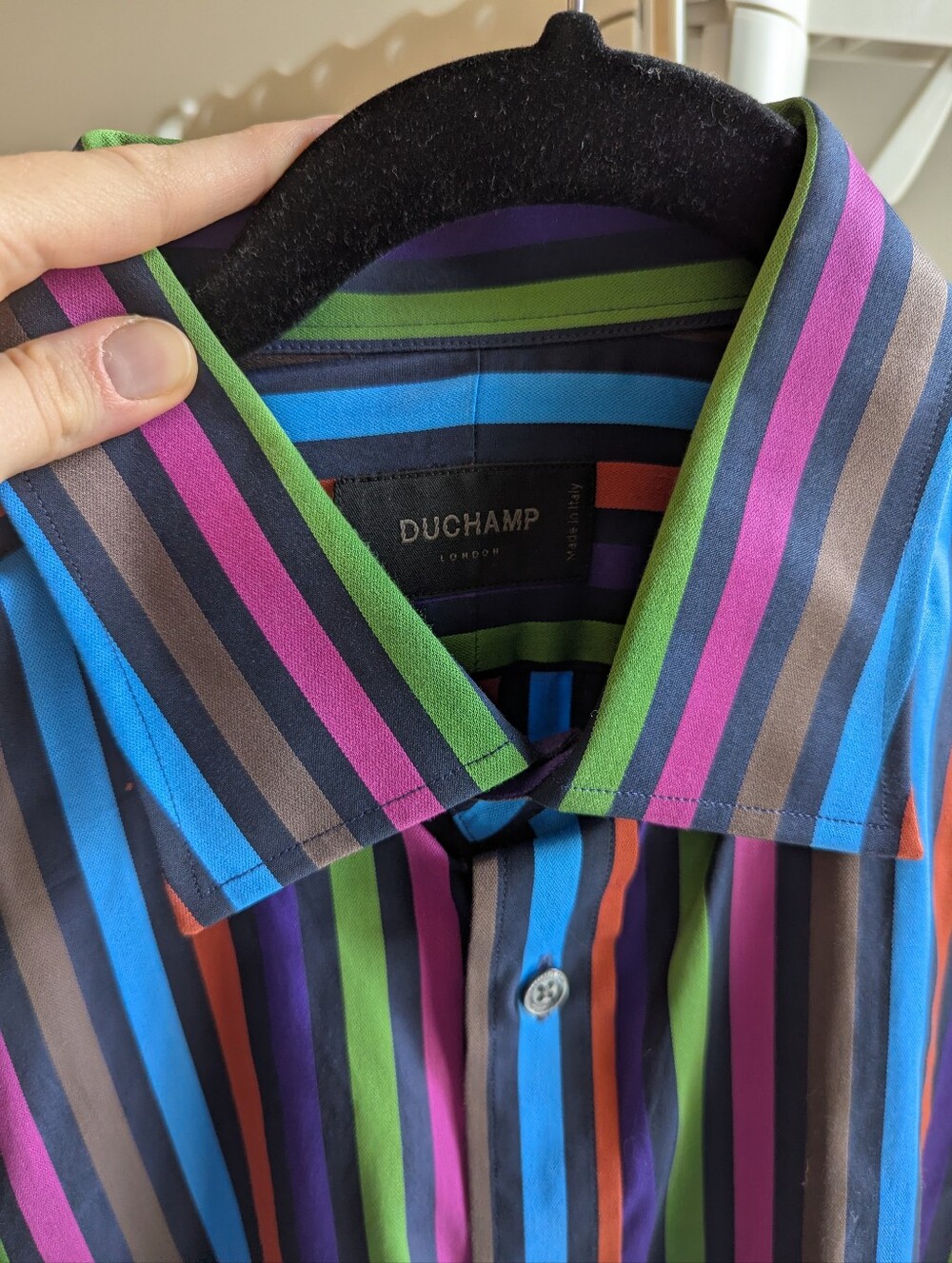 Duchamp Bold Men’s Multi-Stripe Dress Shirt - Blue, Purple, Orange, Green